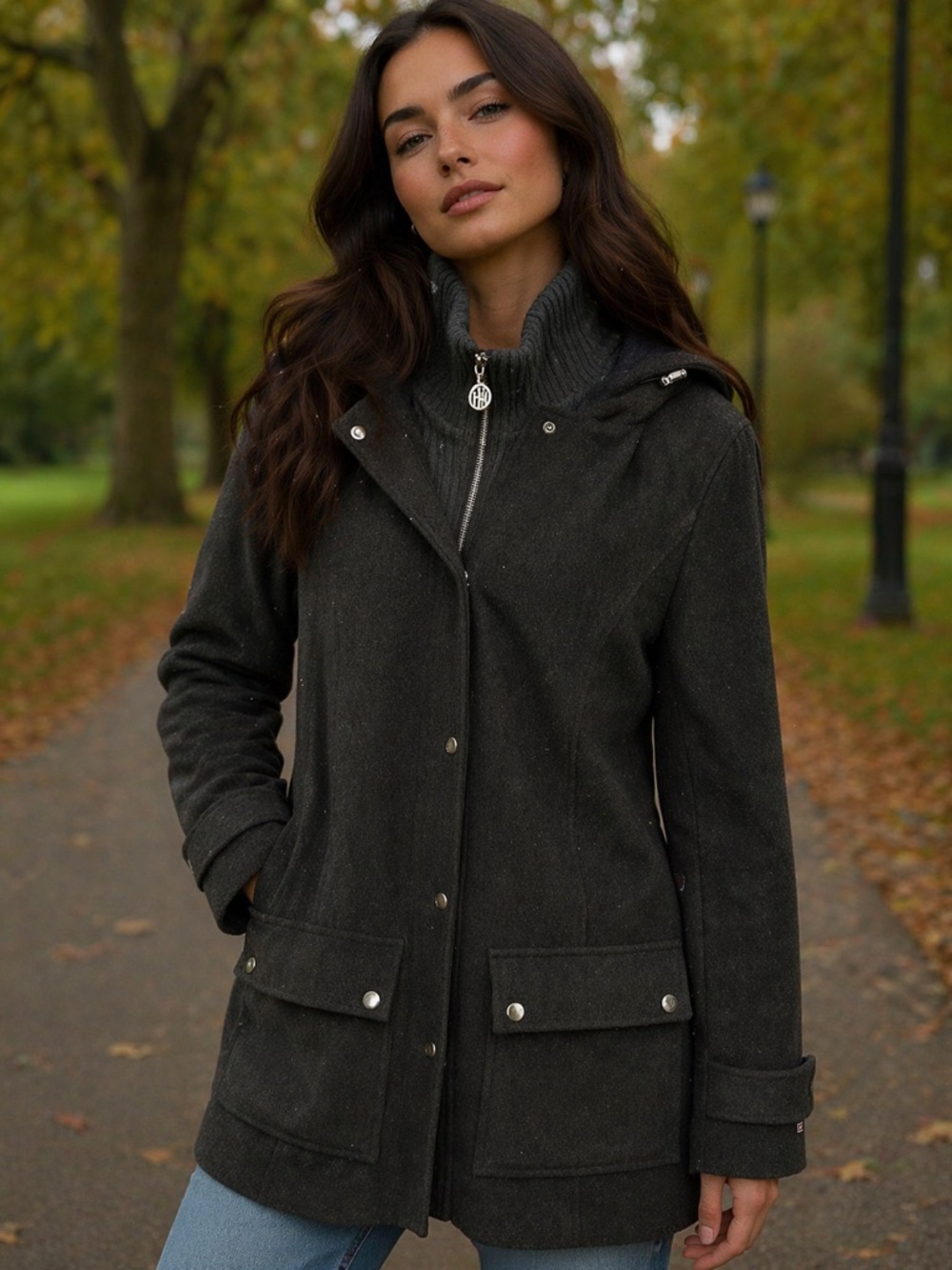 Tommy Hilfiger Grey Charcoal Hooded Coat - Stylish Layered Jacket